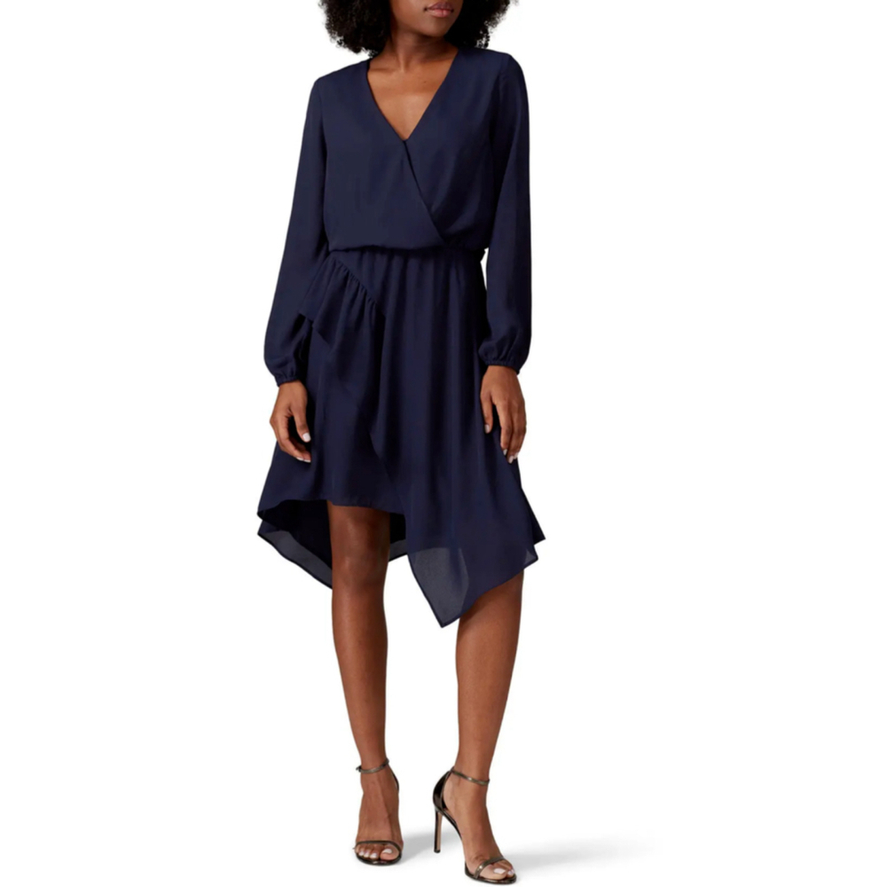 Krisa Navy Handkerchief Hem Long Sleeve Surplice Dress Size Large
